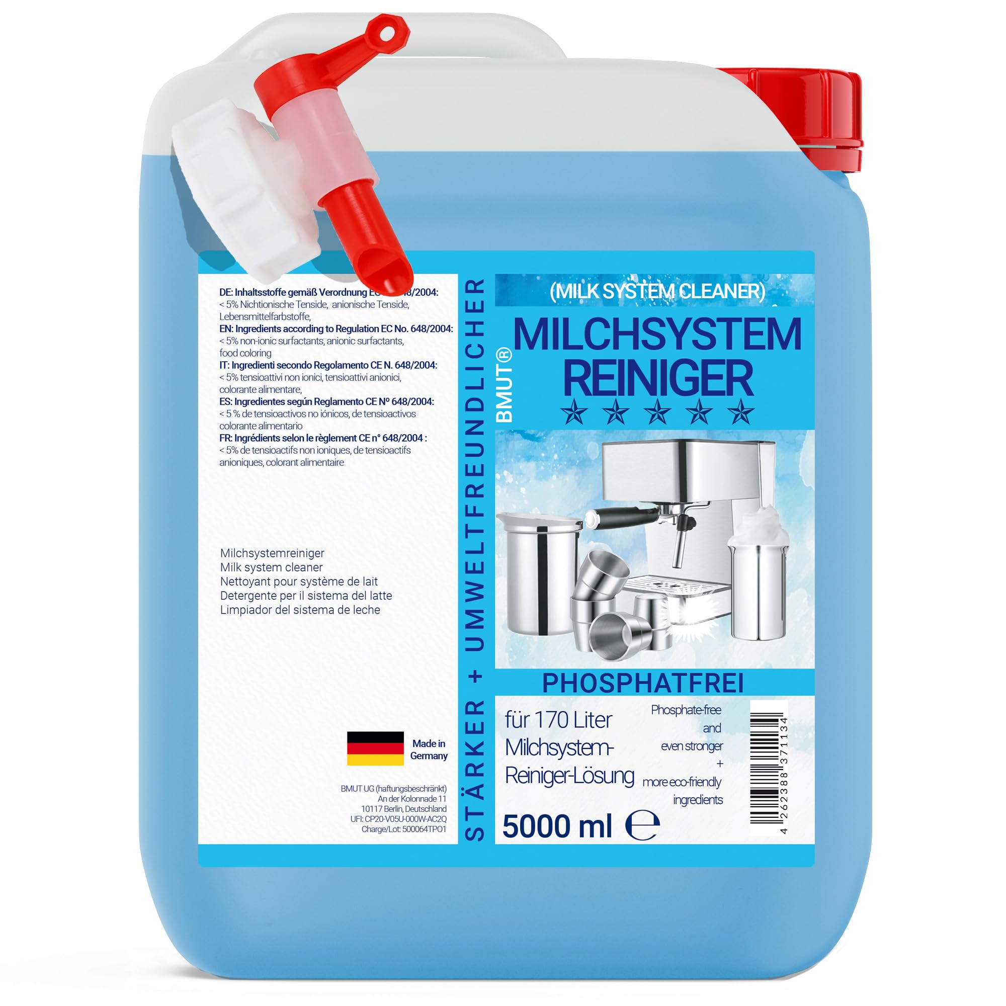 Bidon de 5 litres de nettoyant pour système de lait | Concentré pour machine à café automatique + bec verseur | Nettoyant pour mousse de lait | Nettoyant universel pour tous les fabricants
