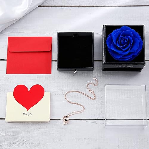 Miniatura 6 de Regalo de collar y rosa eterna rosa preservada hecha a mano y collar con frase Te amo en 100 idiomas regalo para el Día de San Valentín Día de la