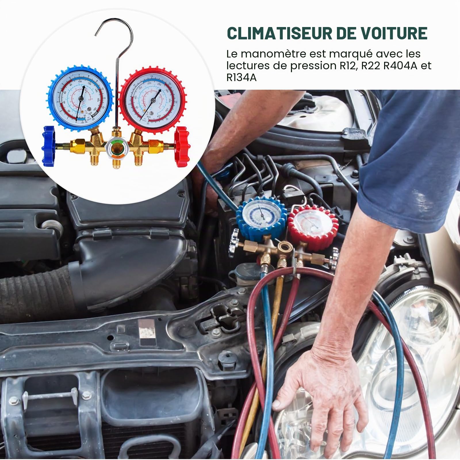 Manomètre de Réfrigérant, Distributeur de Liquide Frigorigène de Voiture Robinet Kit de Refroidissement avec Tuyau pour Systèmes de Climatisation de Voiture R404A, R12, R22, R134A