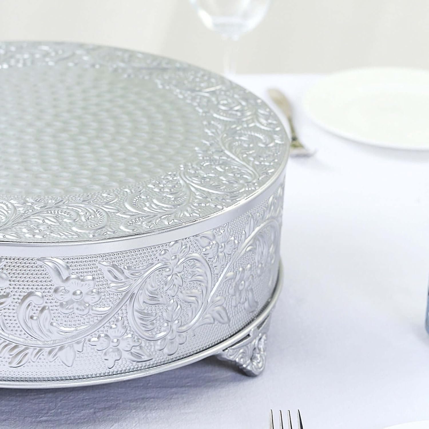 Efavormart 14" Silver Round Embossed Metal Cake Plateau Stand, Cake Riser for Party Celebration & Events
