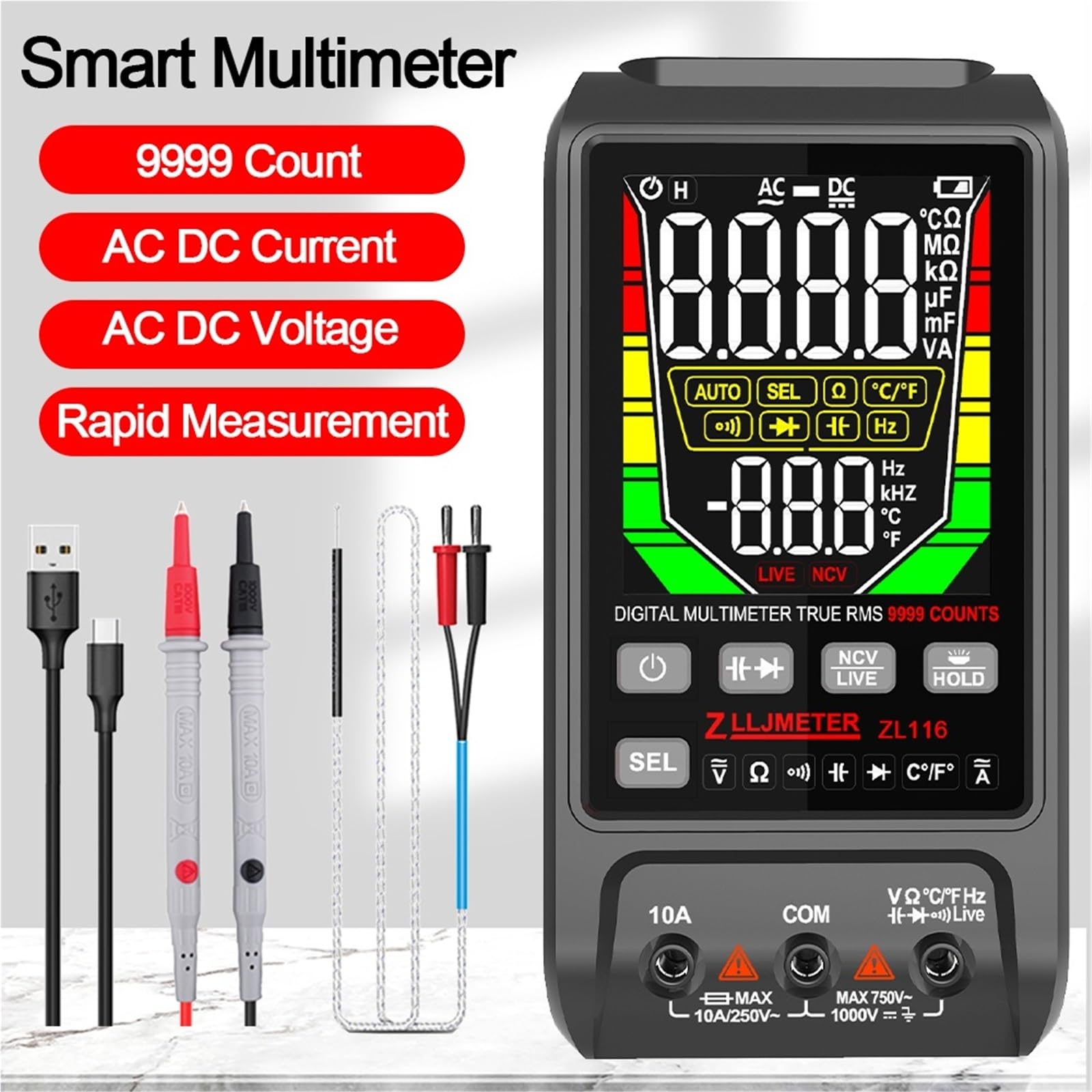 Cyfrowy multimetr, Ładowanie przez USB Inteligentny cyfrowy multimetr 9999 zliczeń Duży ekran AC DC Natężenie prądu Multimetr Pojemność OHm Hz Tester temperatury
