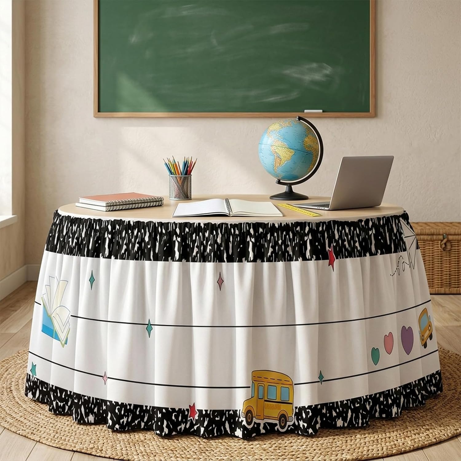 gisgfim 14ft x 30 Inch Composition Notebook Pencil Apple Crayon Car Table Skirt for Teacher Desk Table Cover Skirt for Classroom Rectangle Round Kidney Desk First Day School Kindergarten Decorations
