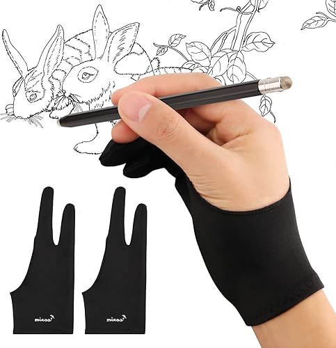 Mixoo Paquete de 2 guantes de artista para tableta de dibujo, guantes de dibujo con rechazo de palma con dos dedos para bocetos de papel, iPad,