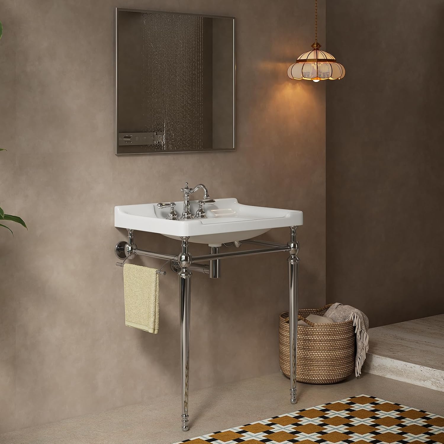 28'' Console Bathroom Sink, Freestanding Console Sink With Brushed Chrome Legs, Modern Bathroom Vanity with 3 Tap Holes, White Basin with Silver