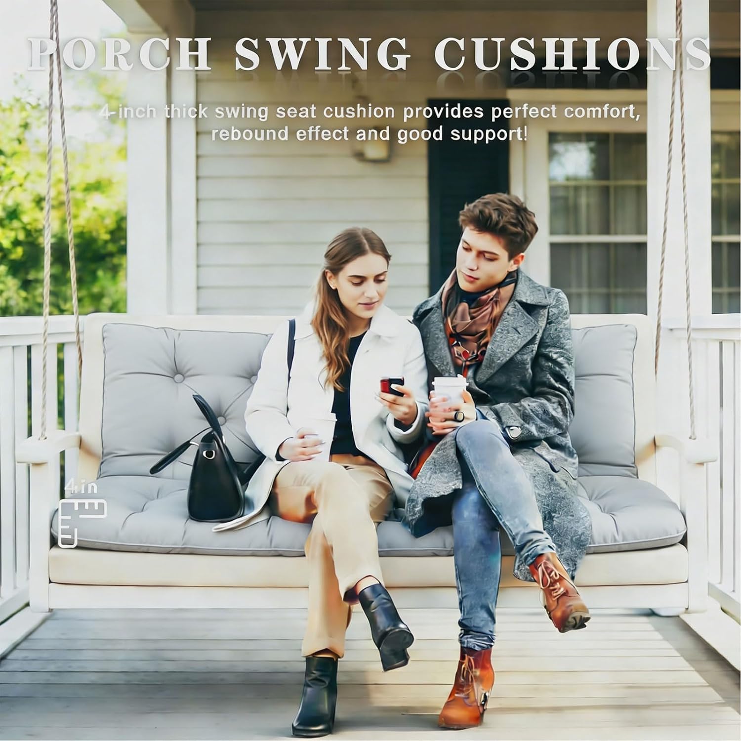 Outdoor Swing Cushions, Thickened 2-3 Seater Porch Swing Cushions with Backrest,Waterproof and Fade-Resistant with Ties for Patio Long Bench Outdoor Garden Backyard(Light Gray 48×40 in)