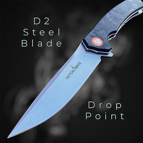 Miniatura 2 de TACTICAL GEARZ Cuchillo plegable de bolsillo para EDC, mango de fibra de carbono, hoja de acero D2, incluye funda (Okab)