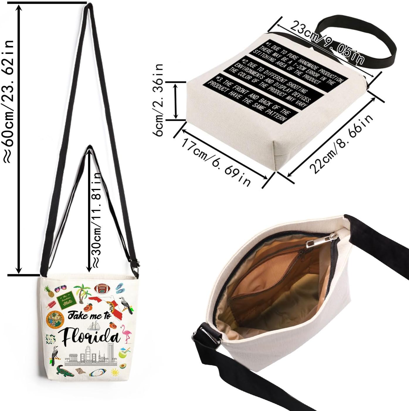 Take Me To Florida Print Canvas Crossbody Bag, Adjustable Strap Lightweight Purse with Top Zipper & Inner Pocket, Daily Shoulder Bag Florida Travel Gift for Women - Image 4