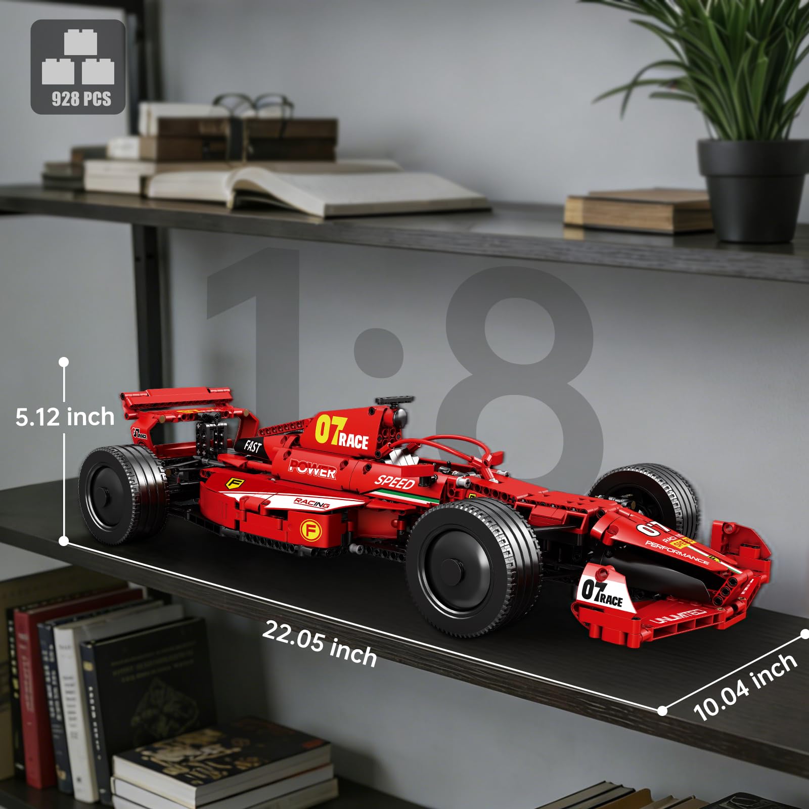 Reobrix F1 Formel-Rennwagen-Modell, Klemmbausteine-Rennauto für Erwachsene | 1:8 Modellauto, Bewegliche Lenkfunktion, Drehbare Räder, Realistischer Rennlook, Statische Display Modell, 928 Teile Bausatz