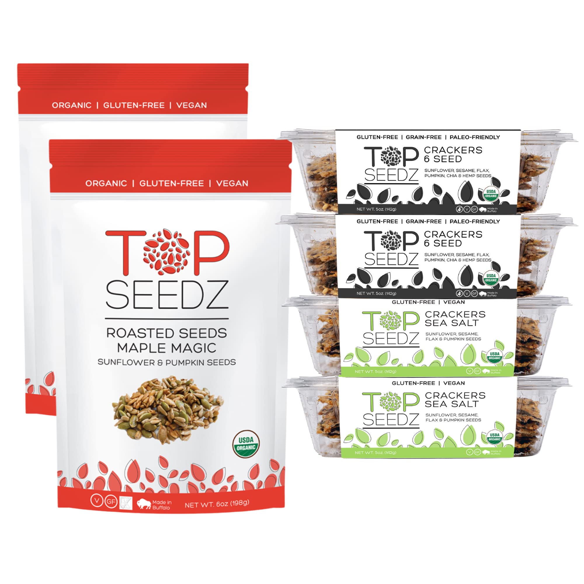 Top Seedz Deluxe Organic Gluten Free Vegan Crackers and Roasted Seeds Bundle | 2 Pouches of Maple Magic Roasted Seeds | 2 Packs of Sea Salt Crackers |