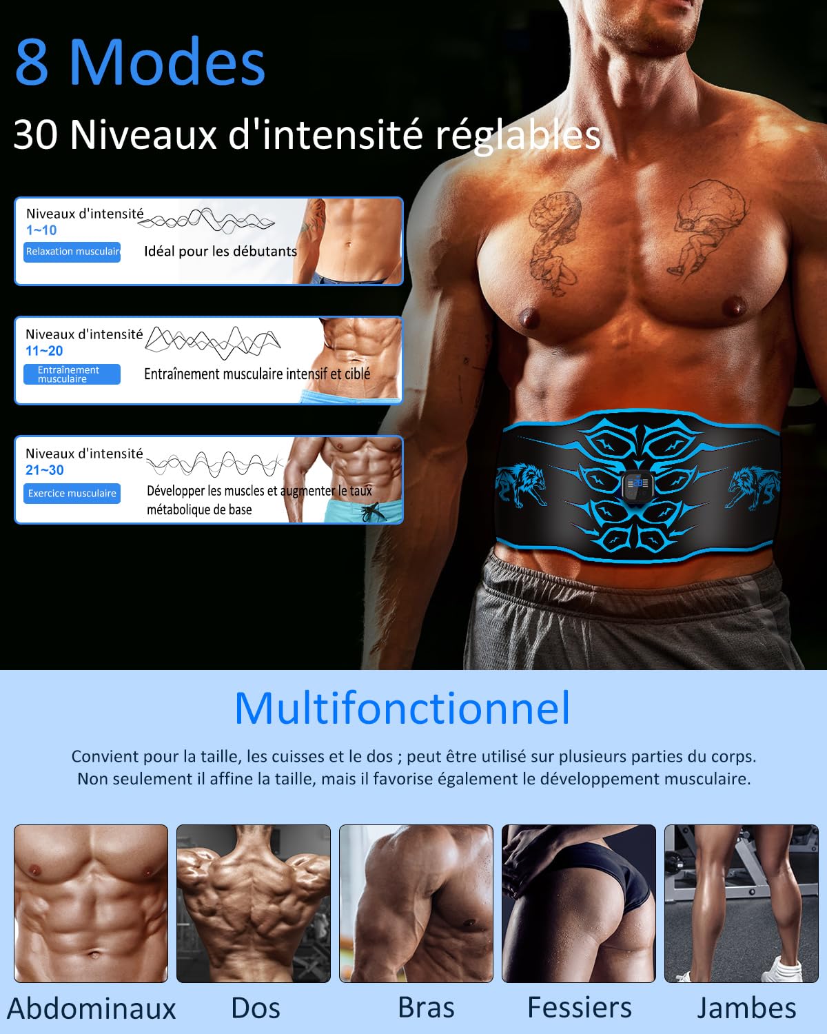 Stimulateur Musculaire Electrique – Ceinture Abdominale Electrostimulation lavable , 8 modes, 30 niveaux, appareil de fitness portable rechargeable, Convient pour la maison, le bureau , Homme Femme