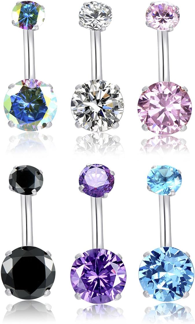 MO SI YI 14G Surgical Steel Belly Button Rings Round Cubic Zirconia Navel Barbell Stud Body Piercing