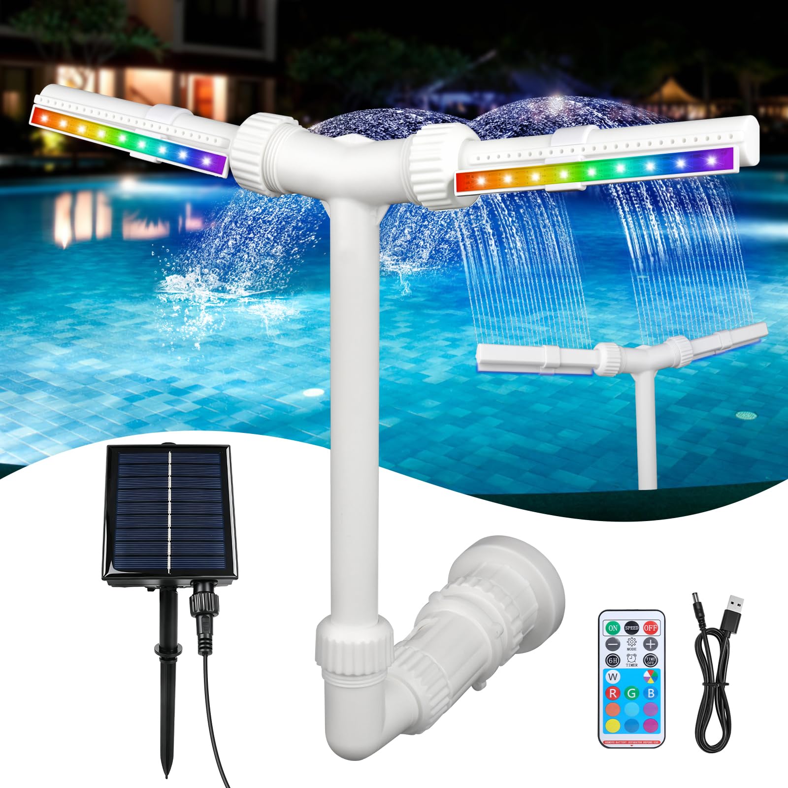 Fontana D'acqua a Doppio Spray Regolabile, Fontana d'Acqua a Doppio Spruzzo, Fontana per Piscina Fuori Terra Regolabile a 360° con luci LED a 9 Colori Ideale Per Rinfrescarsi E Rilassarsi