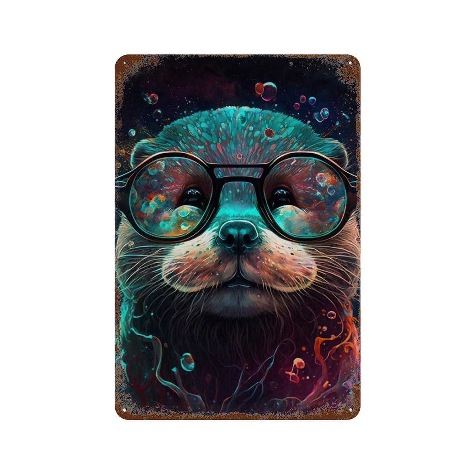 Colorful Otter with Glasses 11.8"x7.9" Decorative Tin Sign, Retro Wall Decor for Garage, Bar And Workshop Decor