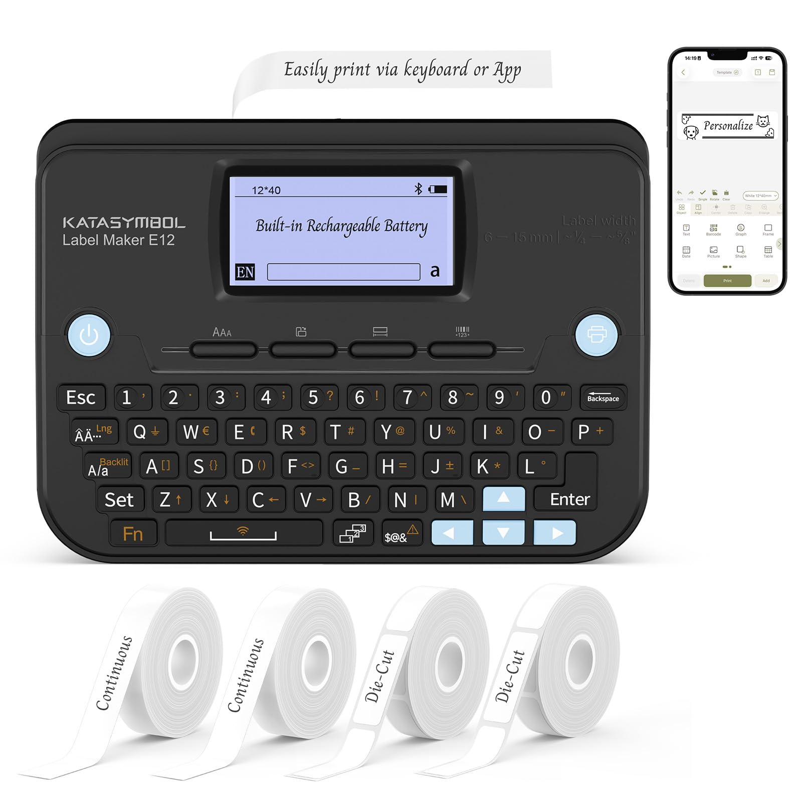 SUPVAN E12 Label Maker Machine with 4 tapes, Supports Keyboard or App, Backlit Screen, Narrow Margin, Type-C Charging, Inkless Label Printer for Office, Home, Kitchen, School Organization, Black