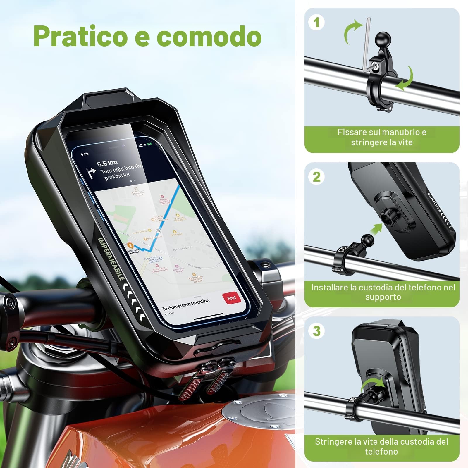 Porta Cellulare Impermeabile, Supporto Telefono Antivibrazione Moto, Scooter con Touch Screen Rotazione di 360° per Smartphone 4.7" a 7.0"