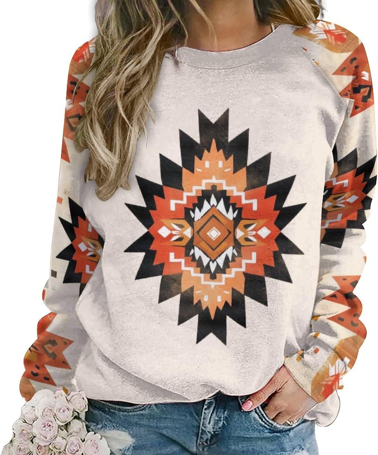 ZOCAVIA Women’s Western Aztec Sweatshirts Casual Retro Ethnic Graphic Crewneck Long Sleeve Pullover Tops Fall Country T Shirt