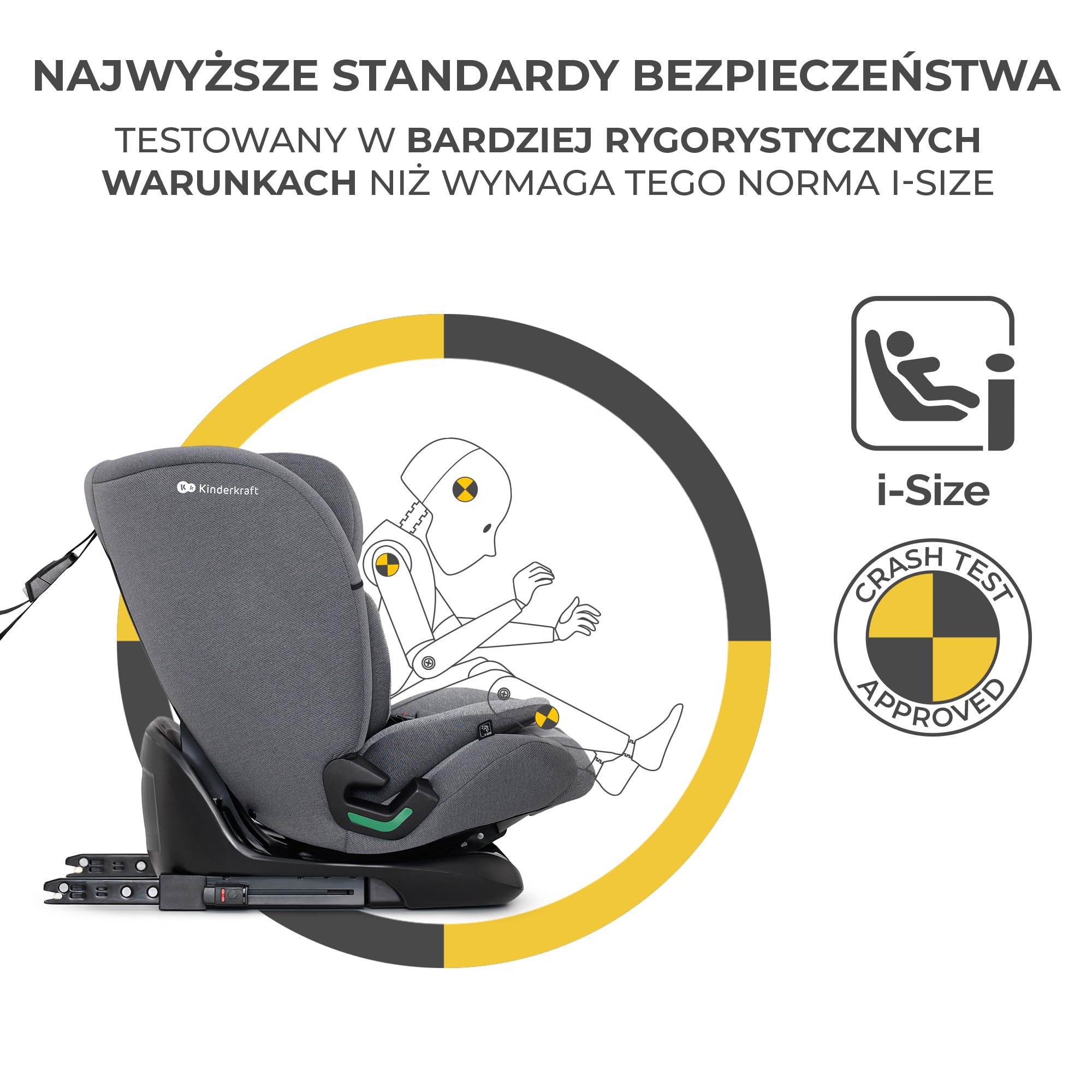 Kinderkraft ONETO3 Fotelik samochodowy z bazą, I-Size 76 do 150 cm, Systemy bezpieczeństwa, Isofix, Reclining, Wzmocniony zagłówek, Wkładka dla najmłodszych, Grupa wiekowa 1/2/3, do 36 kg, Szary