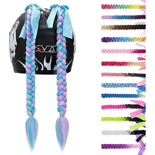 SEGO 1PCS/2PCS Helmet Pigtail Braids with Detachable Suction Cup Bowknot Ponytail Hair Many Colors (Helmet not Included)