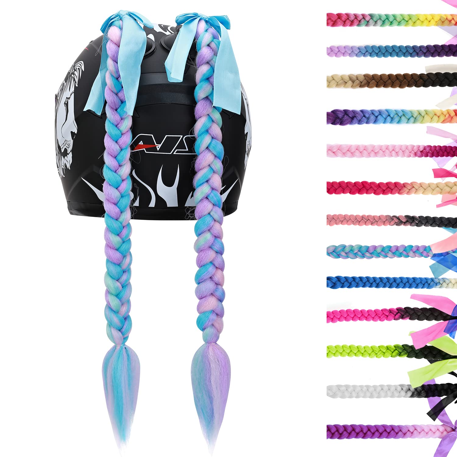 SEGO 1PCS/2PCS Helmet Pigtail Braids with Detachable Suction Cup Bowknot Ponytail Hair Many Colors (Helmet not Included)