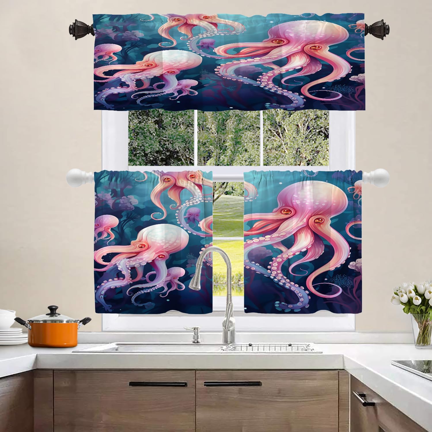 Shrahala Octopus Group Kitchen Valances, Underwater Octopus Scene Half Window Curtain Window Treatment Multilayer Polyester Blackout for Living Room Bathroom 2 Pack 52 X 18 in