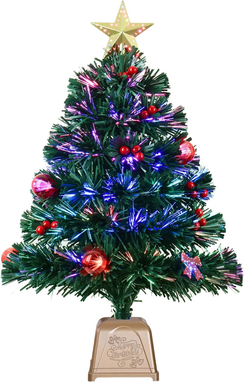 24inch Green Fiber Optic Christmas Tree,Prelit Artificial Tabletop Christmas Tree,Star,Butterfly and Ball Ornaments for Best Holiday Home Decorations,2 Foot