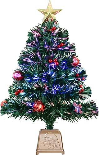 Árbol de Navidad de fibra óptica verde de 24 pulgadas, árbol de Navidad artificial preiluminado, estrella, mariposa y bola para la mejor decoración