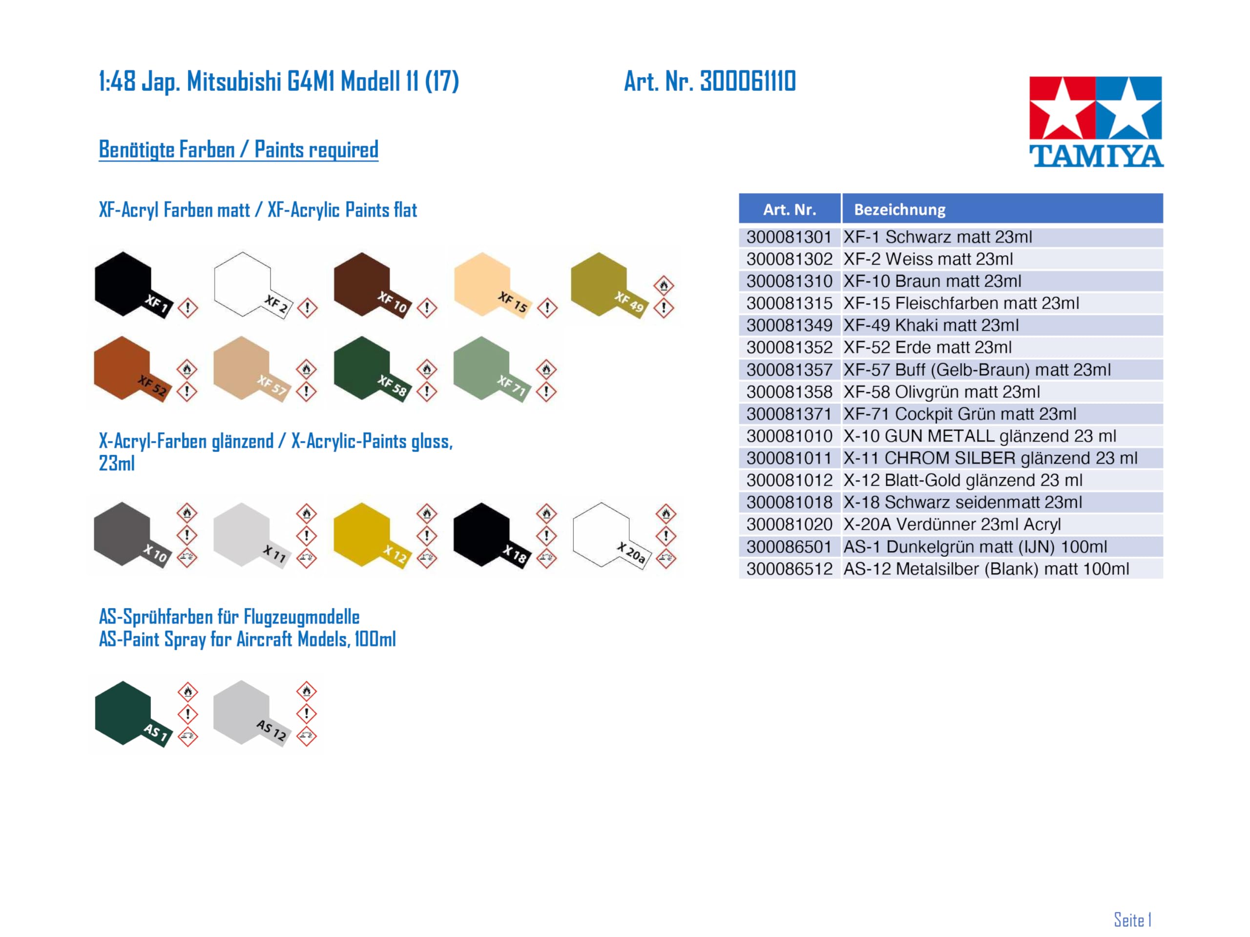Tamiya 300061110 - Modellino di Aereo d'attacco Mitsubishi G4M1 della seconda Guerra Mondiale, Modello 11 (17), in Scala 1:48