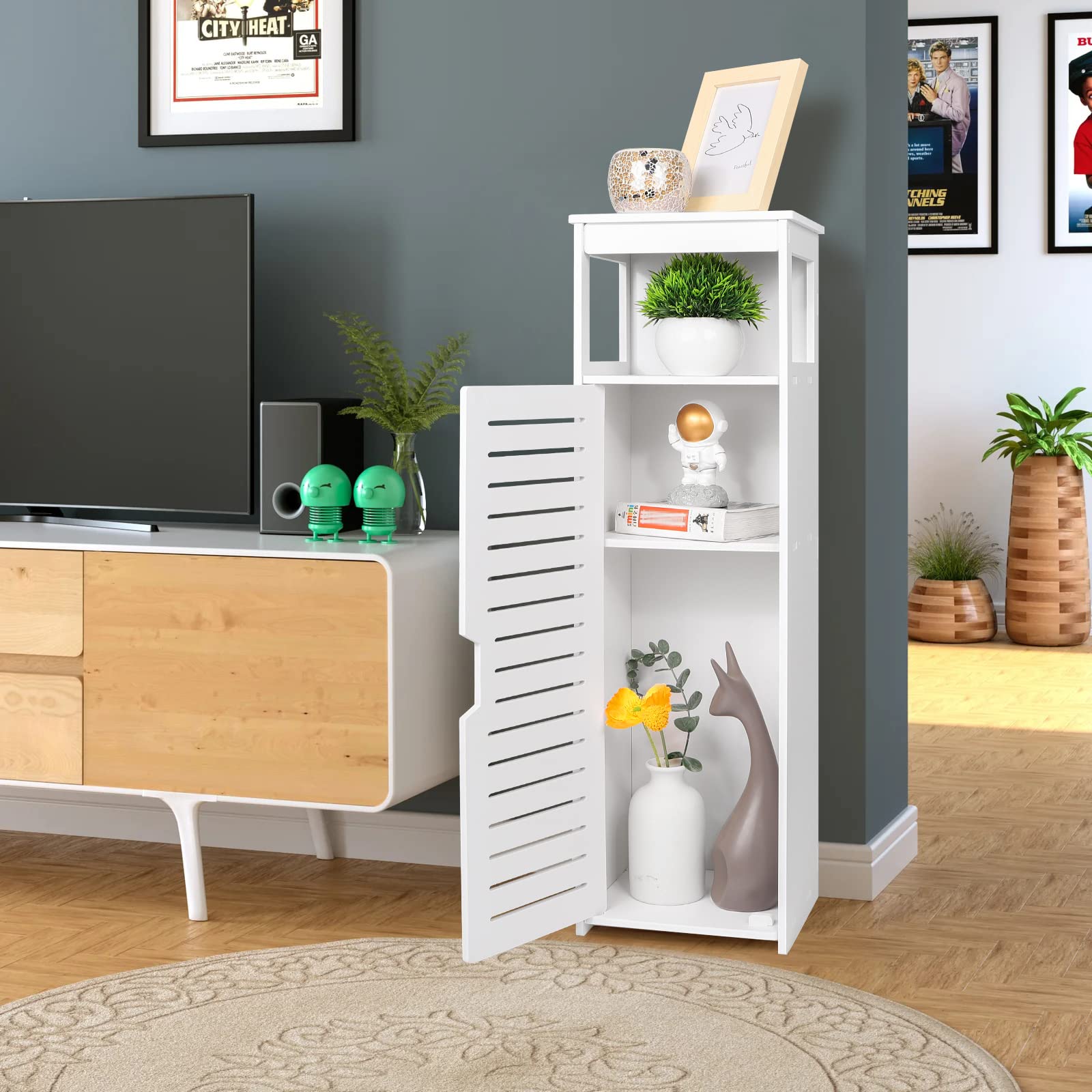 VOGGV Armadietto da bagno autoportante con 1 porta e ripiani per casa, cucina, soggiorno e corridoio, 22 x 20 x 75 cm, bianco