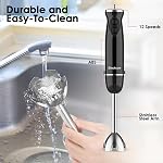 Blackcow Immersion Blender Handheld,500W Mélangeur de main électrique, Mélangeur à main électrique avec 12-Speed&Turbo, Mélangeurs de main ultra silencieux pour cuisine, Smoothie, Soupe, Nourriture bébé,Puree.Noir