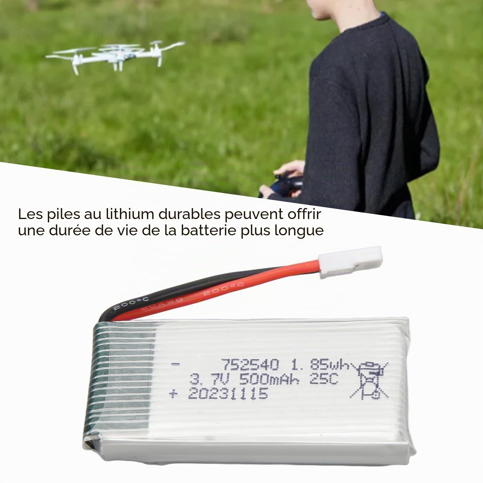 Batterie au Lithium 3,7 V 500 MAh, Batterie Lithium-ION Polymère avec Prise XH2.54, Batterie 752540 pour Accessoires d'avion Drone X5C