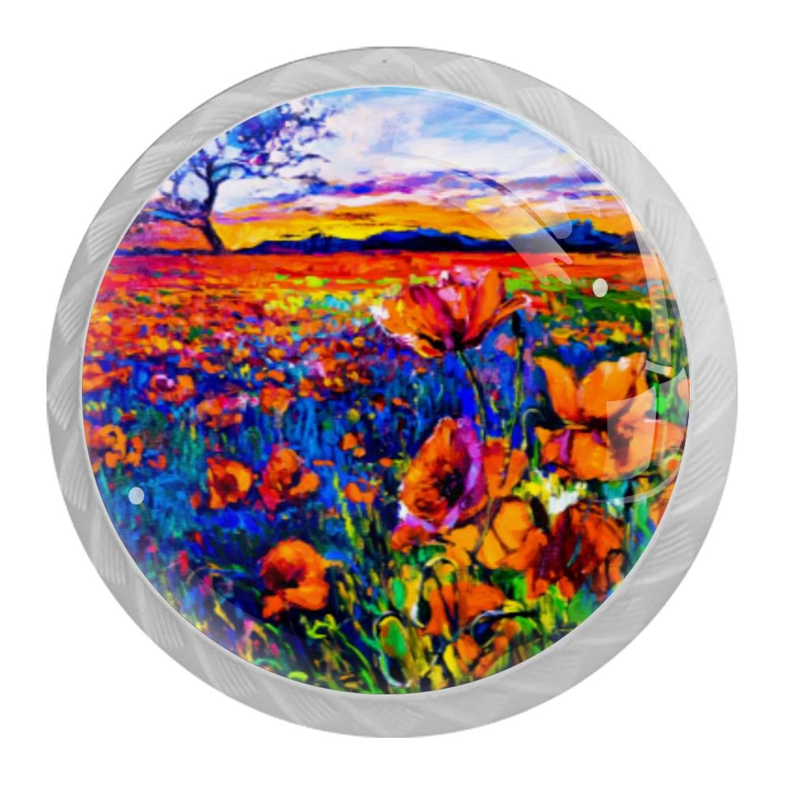Tqmspg 4 Pieces Drawer Pulls Red Poppies Poppy Field Door Knobs Dresser Handles for Kitchen Wardrobe Cupboard Hardware Furniture