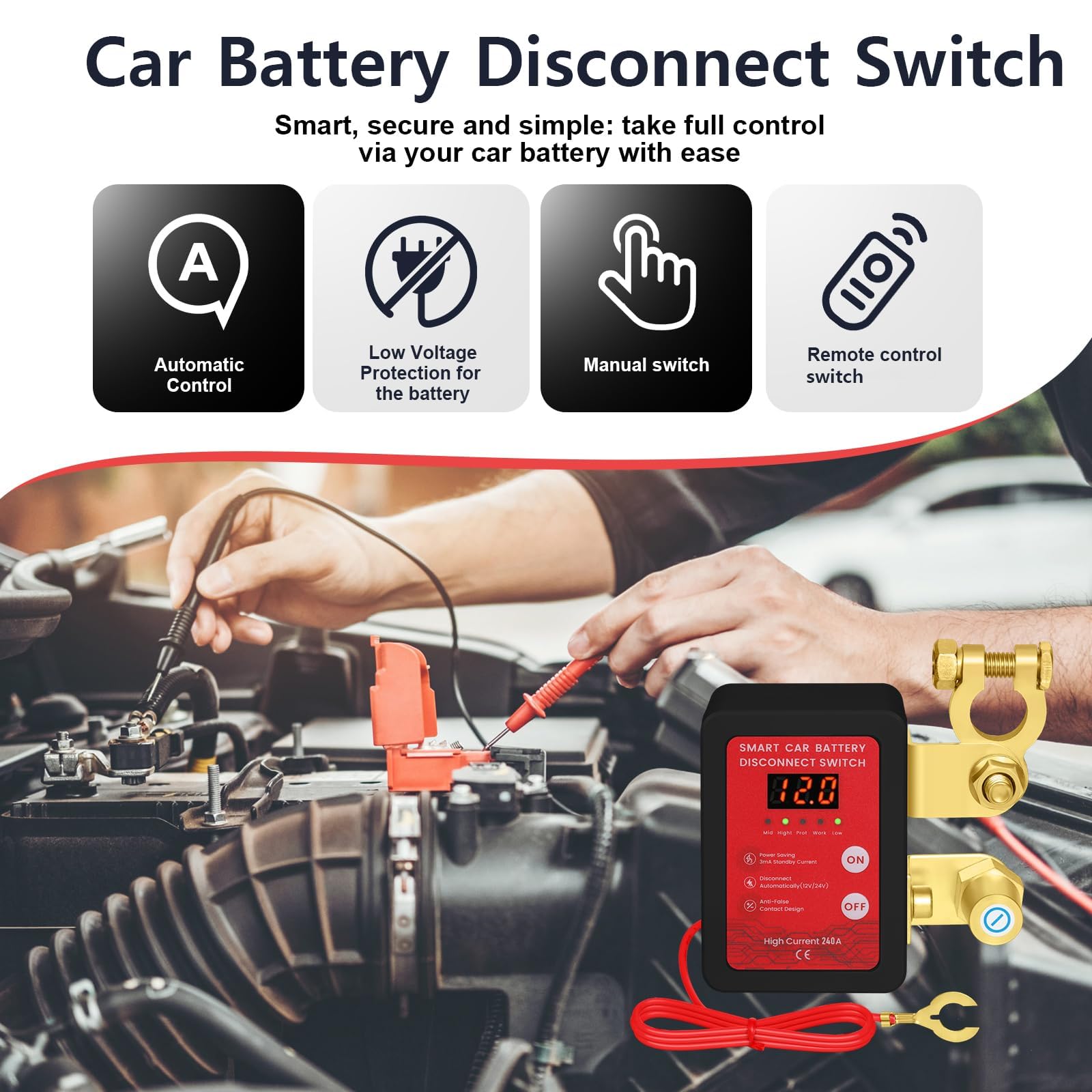 Disjoncteur de Batterie Télécommandé Sans Fil, Coupe Circuit Batterie 12V, 240 A Interrupteur D'arrêt Automatique avec Affichage LED pour Voiture Camping Car ATV Camion Bateau