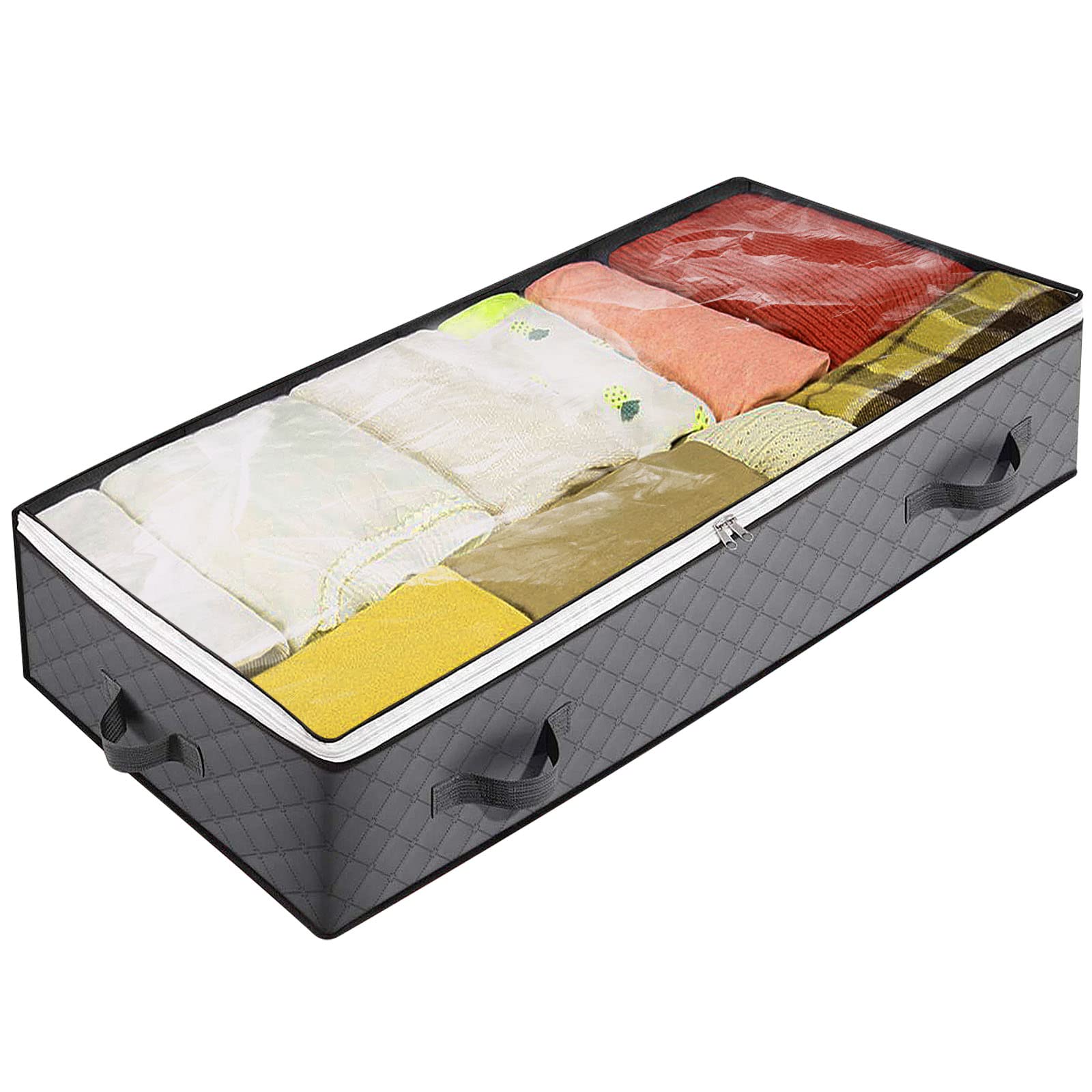 KONIGEEHRE 1 Pack Underbed Storage Bags, Foldable Under Bed Container Bins Organizer for Clothes, Linen, Blanket, Sweater, Duvet, Shoes with Clear Window and 4 Handles, 40x20x6 in