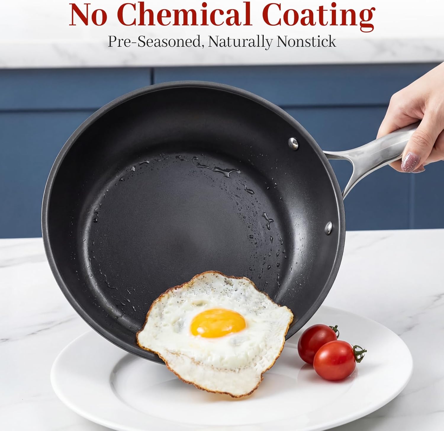 Carbon Steel Frying Pan 9.5" - Pre-Seasoned Carbon Steel Skillet, Lightweight, Natural Non-Stick, Induction Compatible