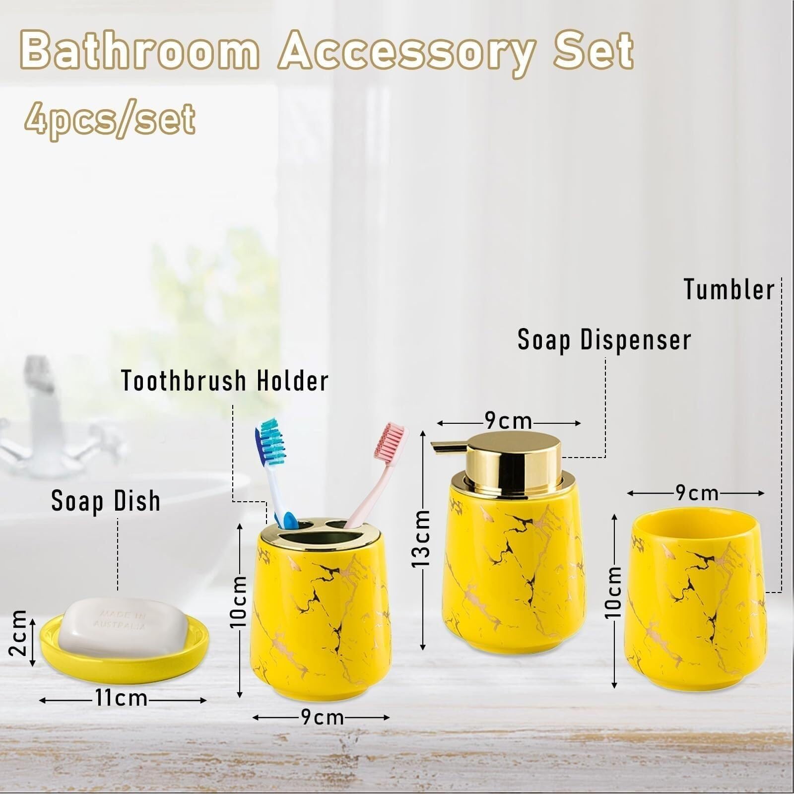 Set di accessori per il bagno Set di lavaggio con dispenser sapone in marmo, pompa for lozione for le mani, portaspazzolino e bicchieri Arredamento per gli affittuari(Yellow Four Piece)
