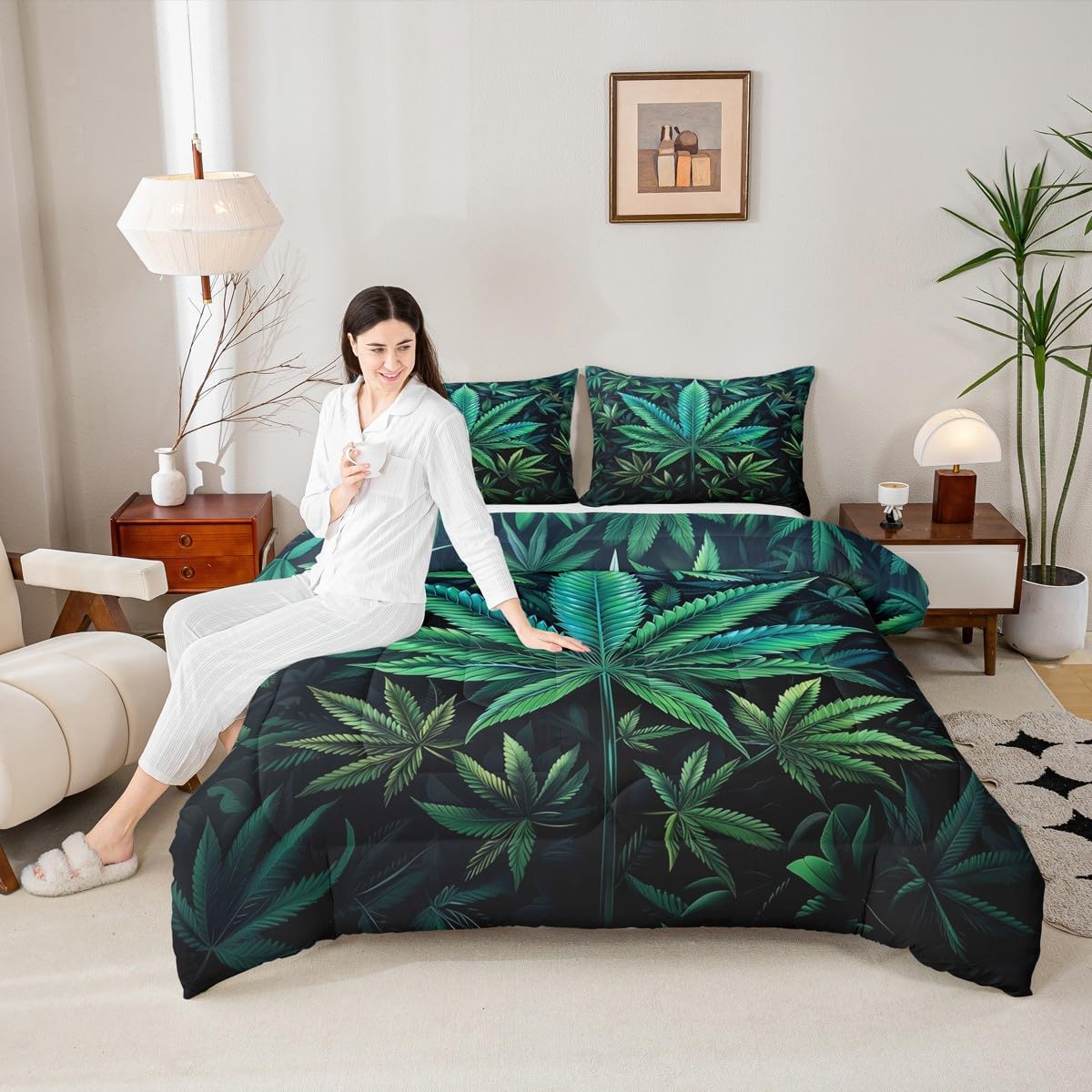 Manfei Cannabis Leaf Comforter Set,Marijuana Leaf Weed Psychedelic Bedding Set for Kids Teens Bedroom,Neon Teal Green Leaves Botanical Trippy Quilt Set 2 Pcs with 1 Pillowcase,Toddler