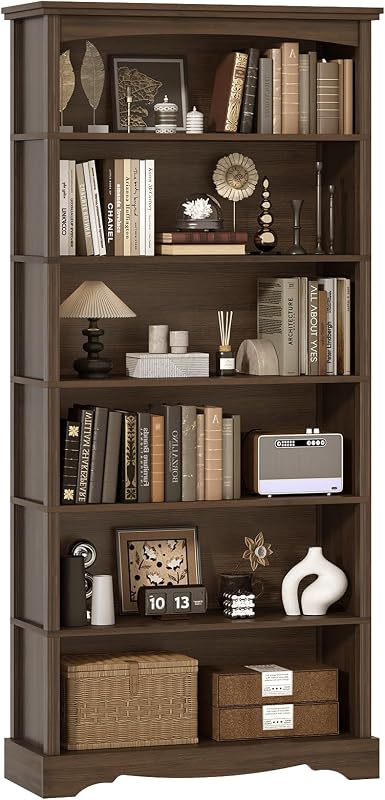 TVU 6-Tier Wooden Bookshelf, 76 Inch Tall Bookshelf with Storage, Floor Standing Modern Style Display Bookcase for Living Room, Office, Study Room, Entryway, Brown