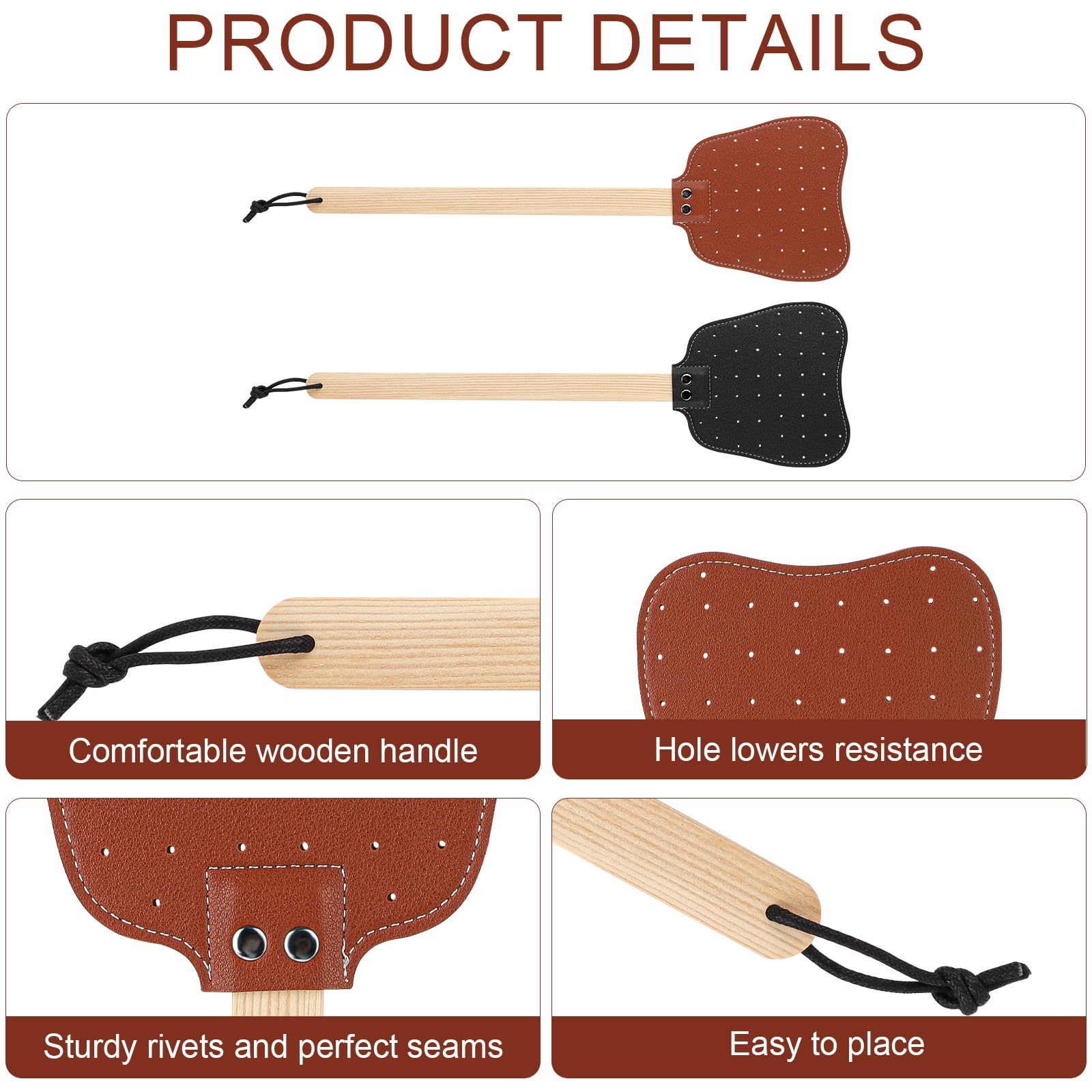 2pz Scacciamosche in Pelle, Scacciamosche Manuale Manico Lungo Legno con Corda Appesa Scacciamosche Pelle Resistente e Pratica Interni per Mosche Zanzare Api(Nero, Marrone)