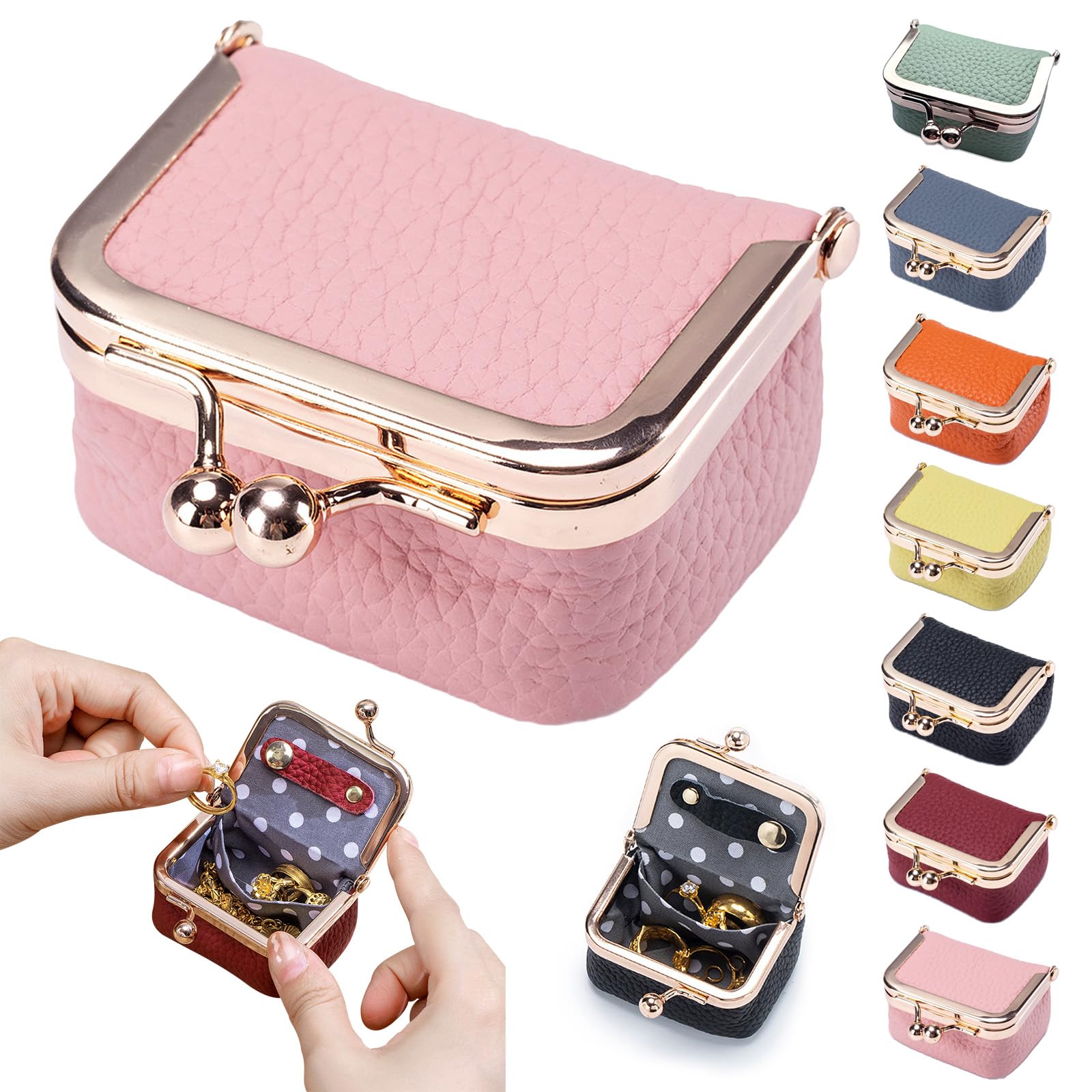 Leather Mini Jewelry Box for Women Portable Vintage Leather Coin Purse Jewelry Case with Kiss Lock Mini Travel