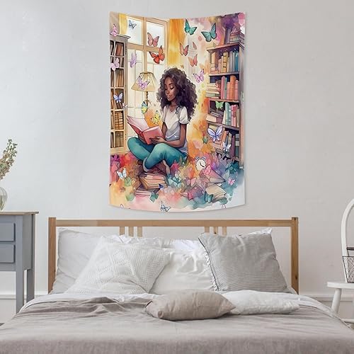 Miniatura 3 de Conank Tapiz de lectura para niñas afroamericanas, lienzo de lectura de libros, decoración estética inspiradora para colgar en la pared para
