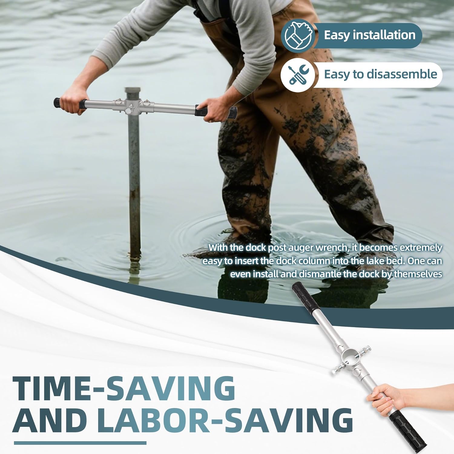 Dock Post Auger Wrench, Removable Dock Stanchion Ratchet with Rubber Handle & L-Type Socket Wrench, Boat Dock Pole Installation and Removal Tool for Dock Posts up to 1.9" in Diameter Only