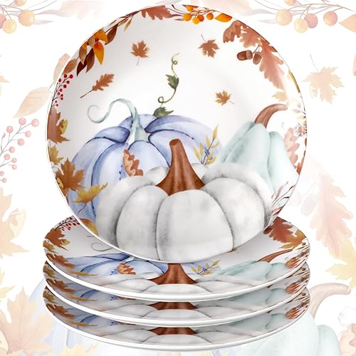 Uiifan Juego de 4 platos de otoño de cerámica para ensalada, calabazas de otoño, decoración de galletas, 7.87 pulgadas, cosecha de Acción de