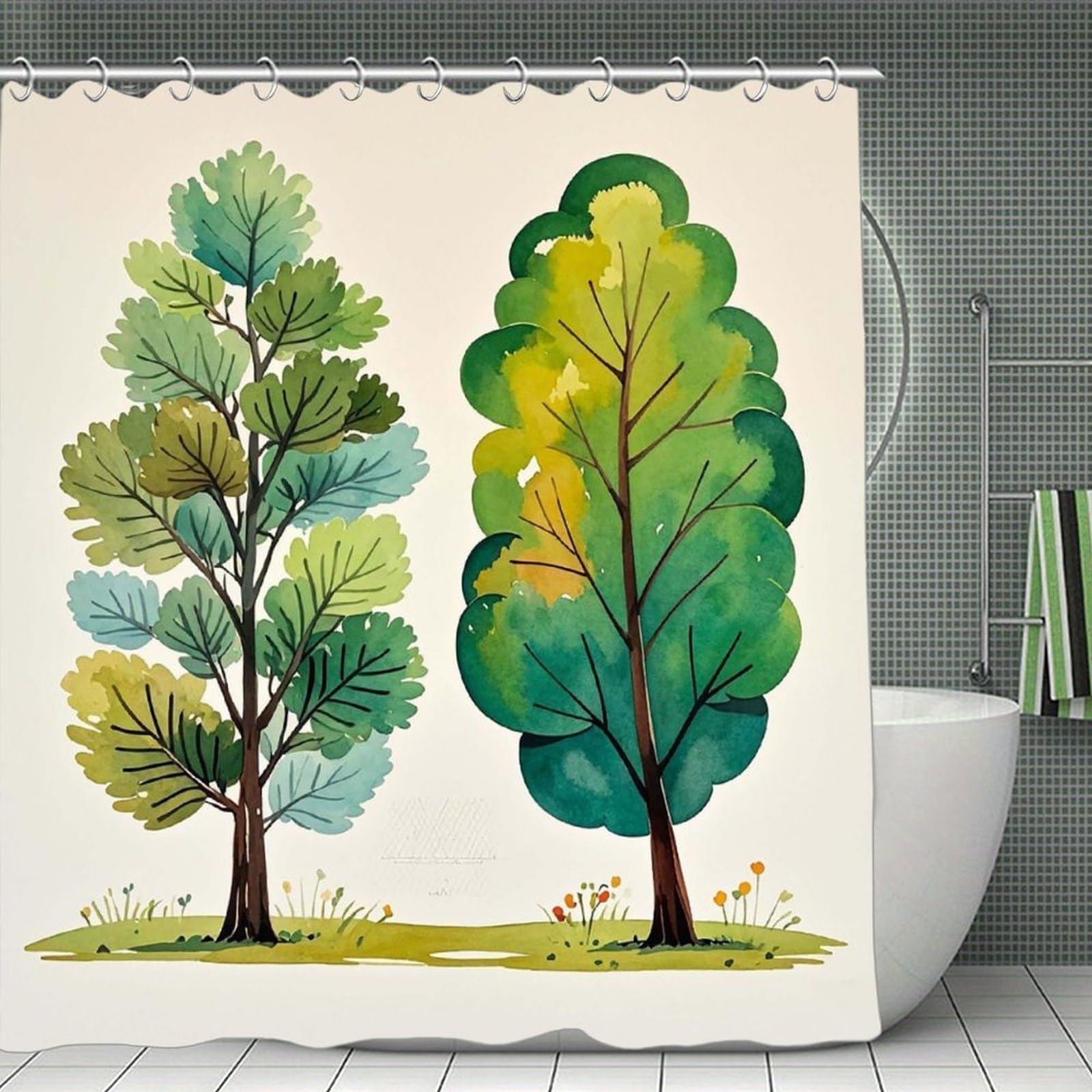 QMNLKH Spring Watercolor Eucalyptus Trees Shower Curtain with Hooks, Waterproof Bath Curtains for Bathroom, Lightweight Bath Curtains Liner for Hotel, Personalized Bath Curtain for Spa, 70.8 Inch