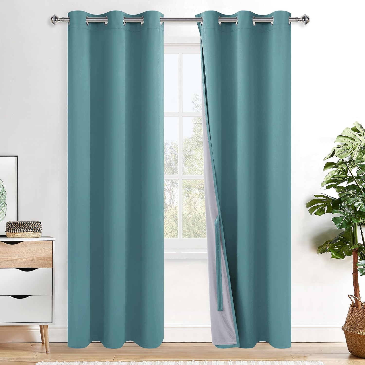 XWZO 100% Blackout Curtains - Thermal Insulated Black Liner Curtains, Noise Reducing and Heat Blocking Drapes for Hall and Studio Windows with Tiebacks, Stone Blue, W38 x L84, Set of 2