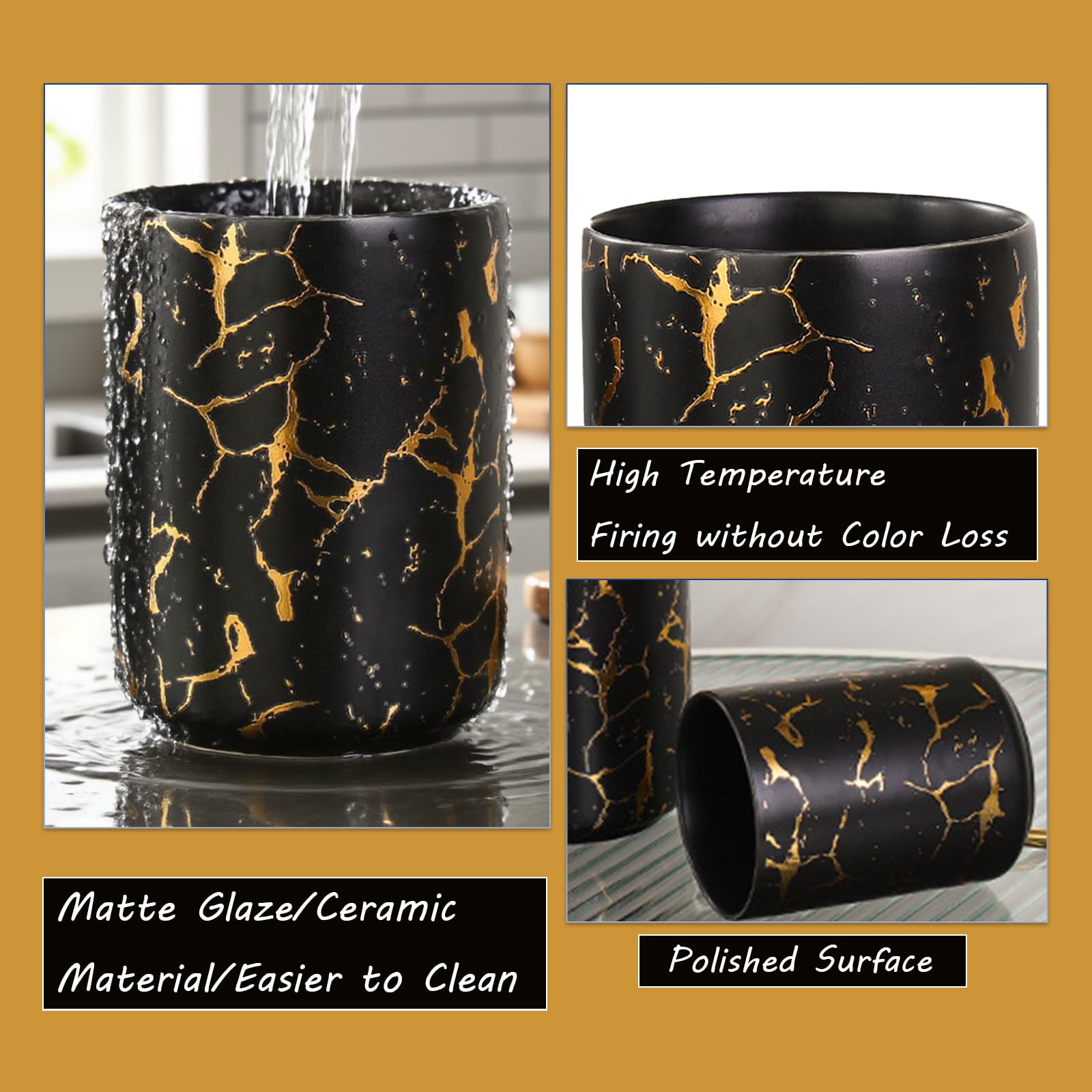 2 x Utensilienhalter aus schwarzem goldenem Marmor