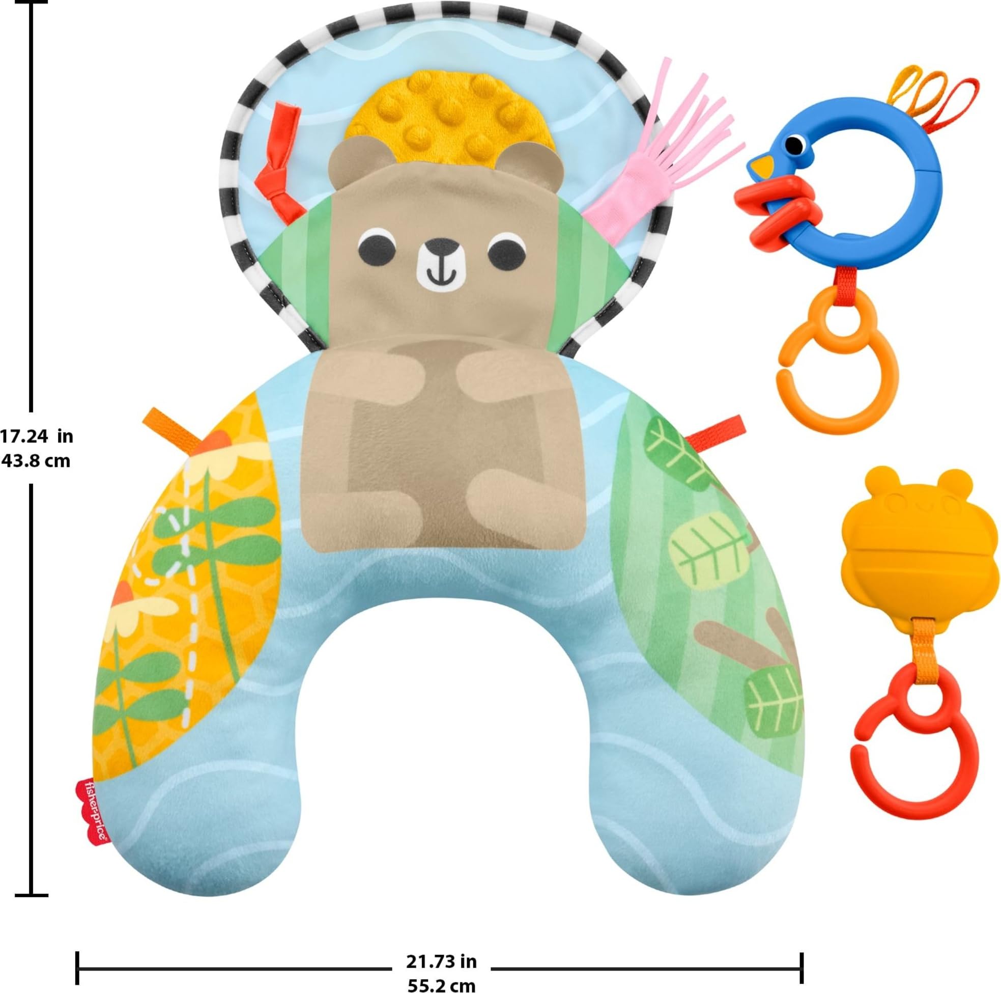 Fisher-Price - Cuscino Orsetto Dolce Relax, Supporto per Neonati a Tema Foresta con dentaruolo e sonaglino Inclusi, attività sensoriali per Il Gioco sul pancino, 0+ Mesi, JHB44