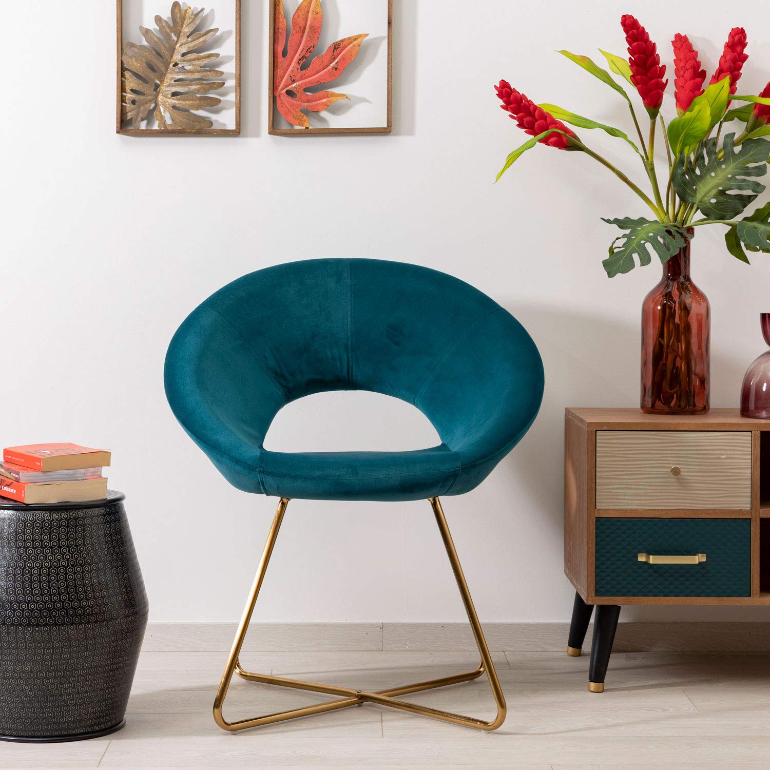 MONTEMAGGI Baroni Home Poltrona Imbottita circolare in velluto Blu Petrolio con gambe in ferro dorato. Poltrona da ufficio o da pranzo Super Confortevole e Seduta Ergonomica 71x59x84 Cm