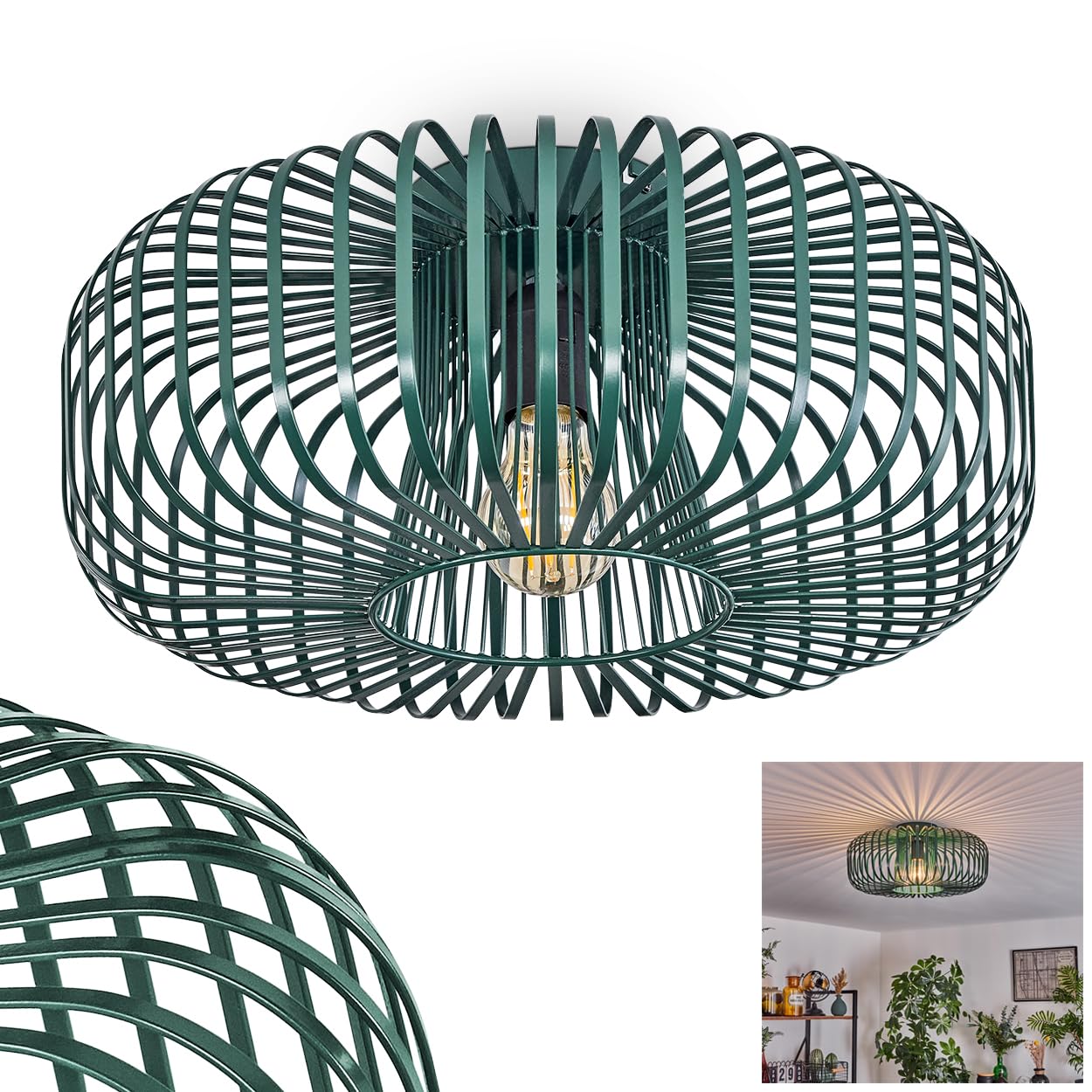 Lámpara de techo Wemude, lámpara de techo metálica en verde, efecto de luz retro con aspecto de celosía, Ø 40 cm, casquillo E27. sin bombillas