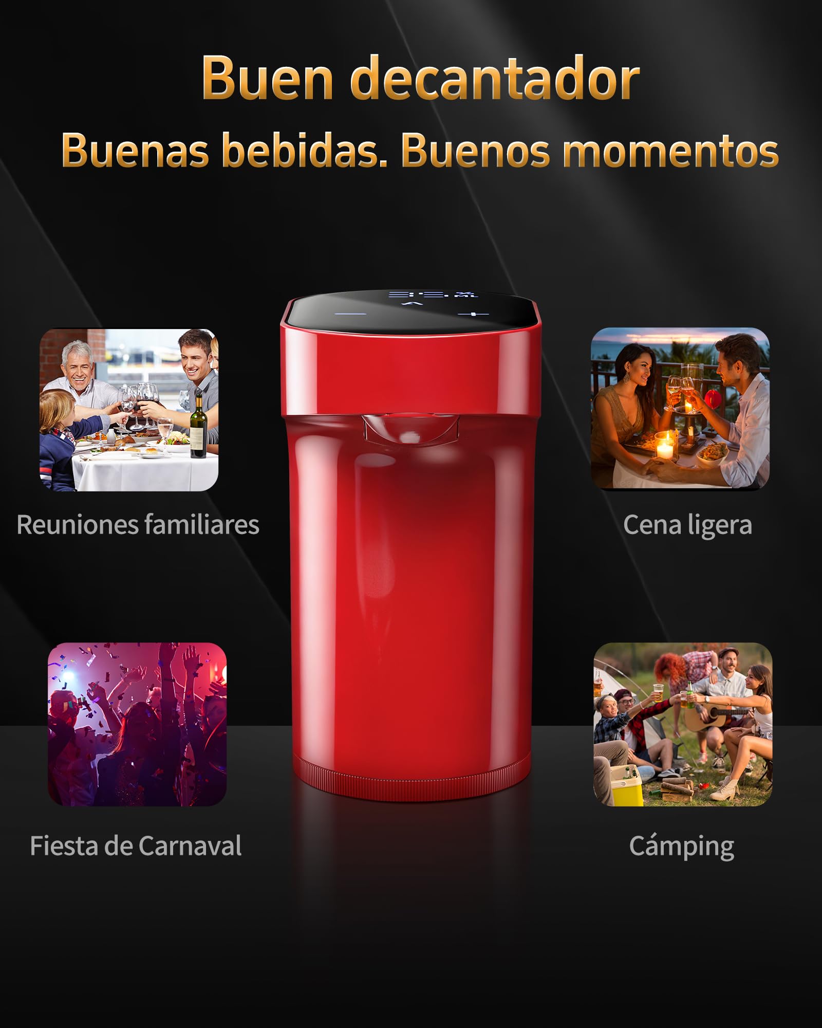 Regalo Asunción Virgen - 5en1 Decantador Eléctrico Vino y Dispensador Licor | Aireador Automático Dosif Precisión 1-999ml | Para amantes vino, whisky, anfitriones (Rojo)