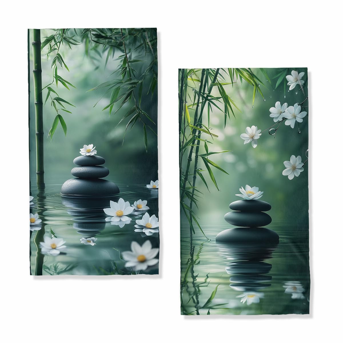 TLCBFF Zen Hand Towels Set of 2, Absorbent Green Bamboo Stones White Flowers Meditation Bathroom Kitchen Towels, Lightweight Breathable Face Towels